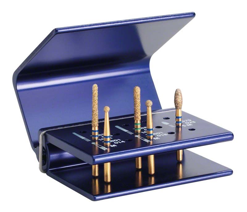 Zahnarzt-Diamantbohrer-Set DIATECH Z-Rex in blauem Halter.