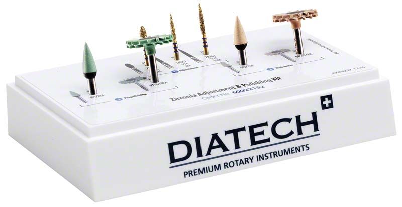 DIATECH Zirconia Anpassungs- und Polierset mit verschiedenen Aufsätzen auf Halterung.