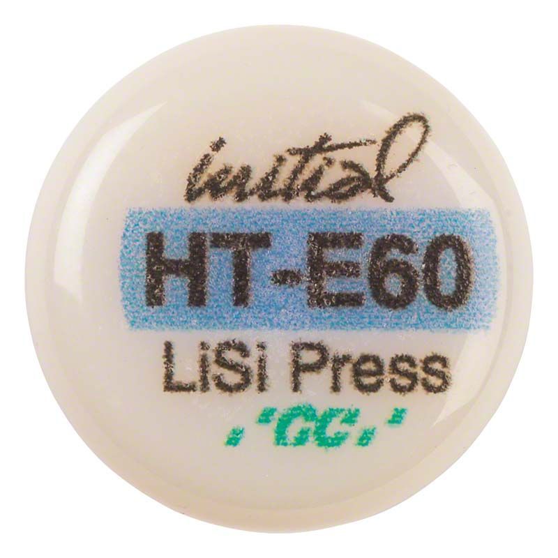 GC Initial LiSi Press HT E60 Keramikscheibe mit Aufschrift.