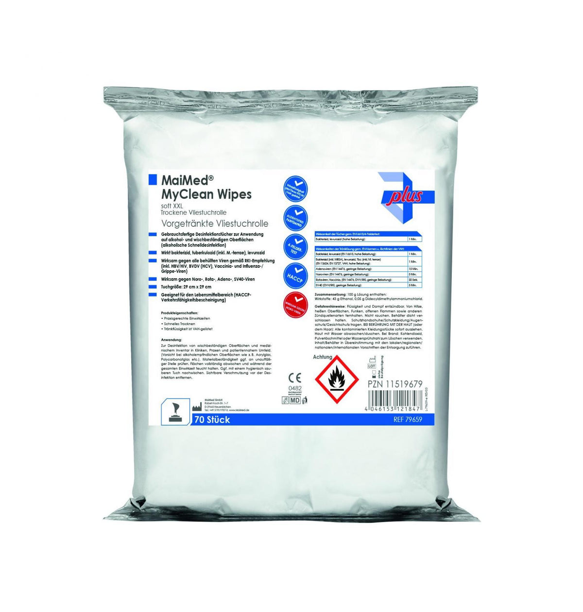 MyClean DS XXL Desinfektionstücher Nachfüllpack mit Produktinformationen.