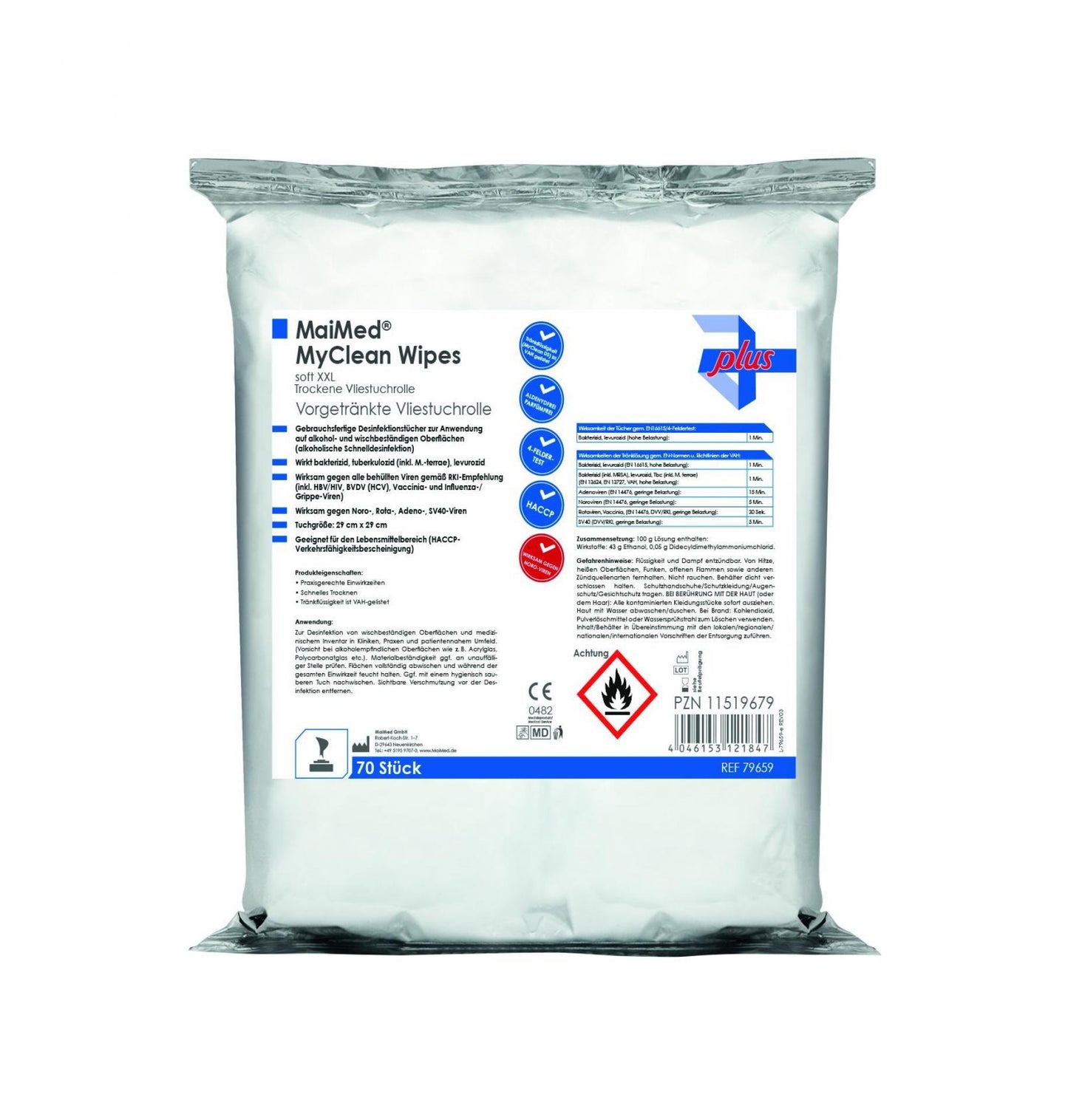 MyClean DS XXL Desinfektionstücher Nachfüllpack mit Produktinformationen.