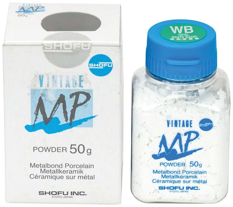 Metallkeramikpulver VINTAGE MP 50g mit weißem Band, Verpackung und Flasche.
