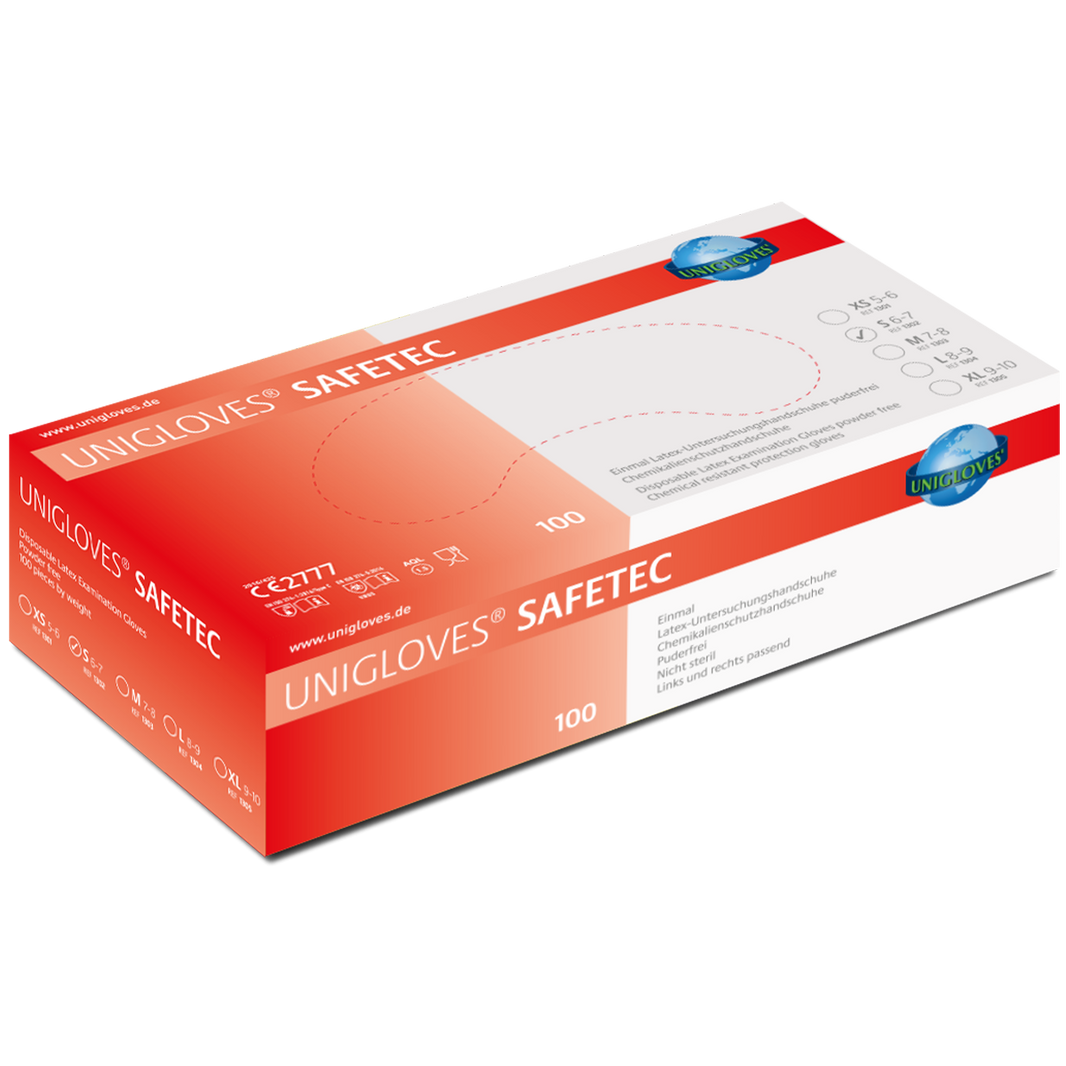 Unigloves SAFETEC Latexhandschuhe in roter Verpackung, 100 Stück, Größe S.