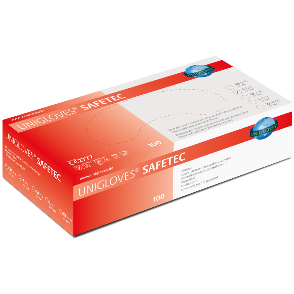 Unigloves SAFETEC Latexhandschuhe in roter Verpackung, 100 Stück, Größe S.