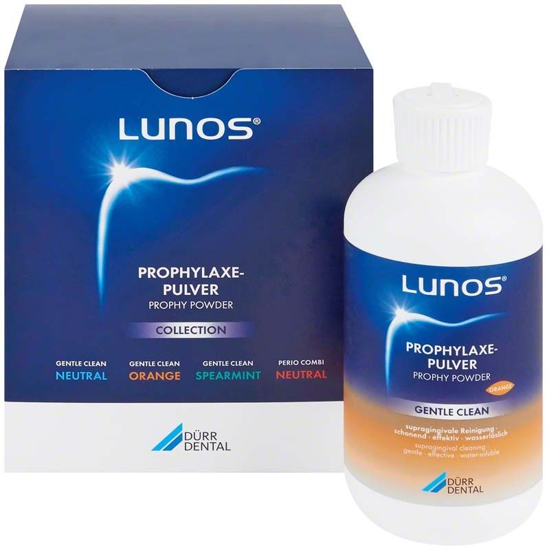 Lunos Prophylaxepulver Set mit Verpackung und Pulverflasche.