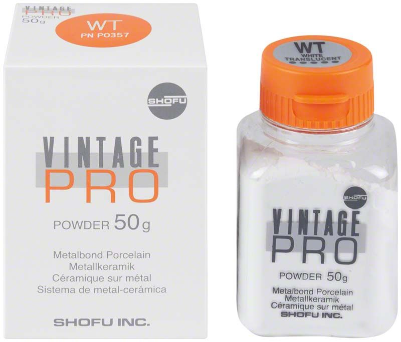 Vintage PRO Metallkeramik-Pulver 50g mit Verpackung und orangefarbenem Deckel.
