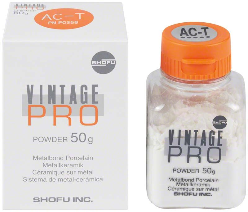 Vintage PRO Enamel Effect 50g AC-T Pulverflasche neben Produktverpackung.