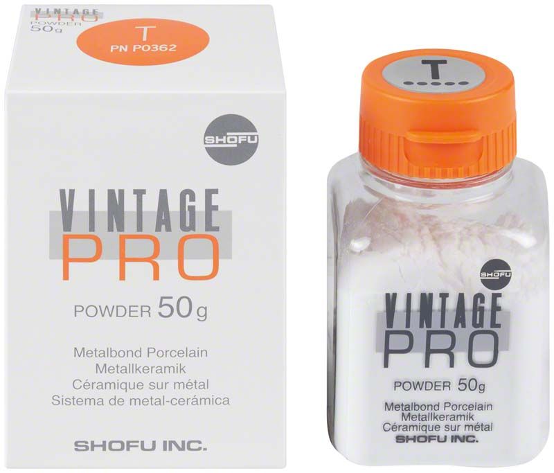 Vintage PRO Metallkeramik-Pulver 50g mit Verpackung und orangefarbenem Deckel.