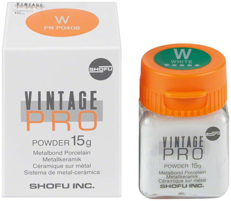 Verpackung und Glasbehälter des Vintage PRO Farbpulvers 15g in Weiß.