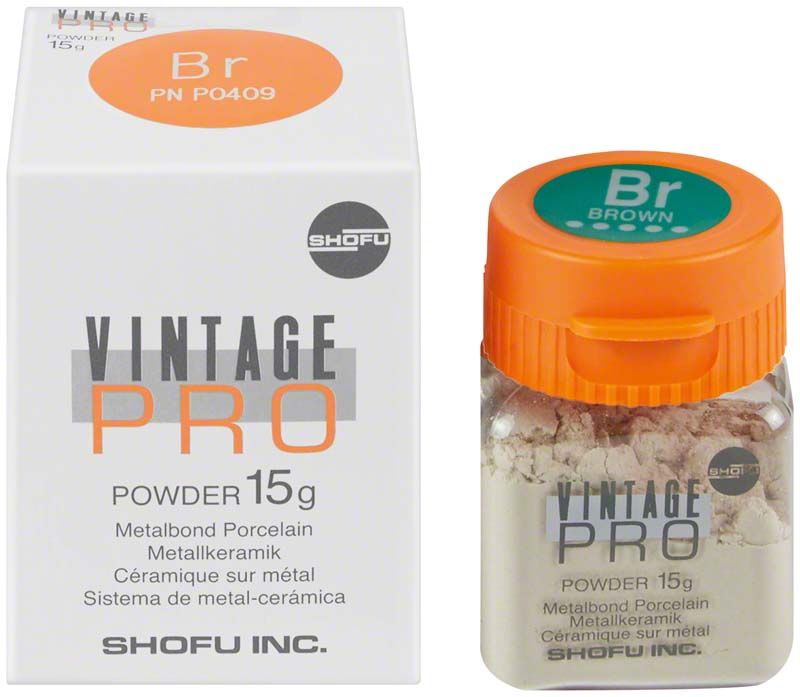 Vintage PRO Metallkeramik-Pulver 15g in brauner Farbe mit Verpackung.