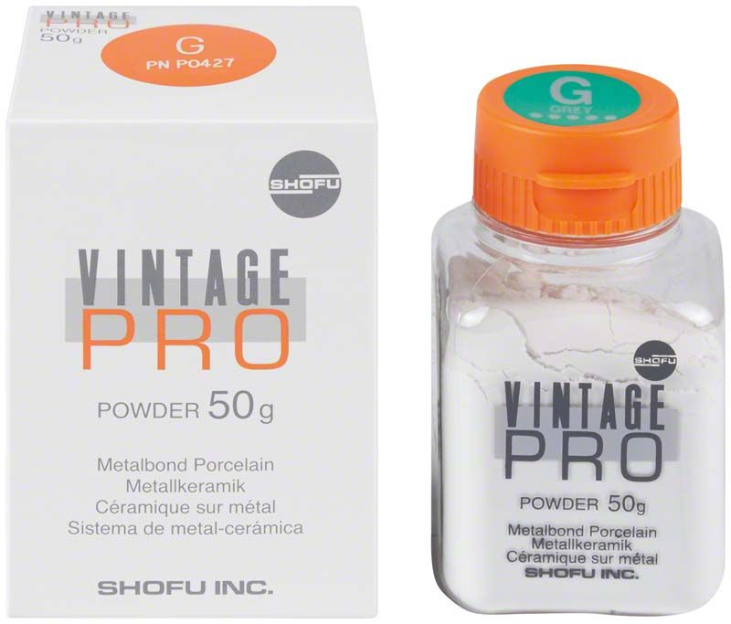 Vintage PRO Metallkeramik-Pulver 50g in weißer Verpackung mit orangefarbenem Deckel.