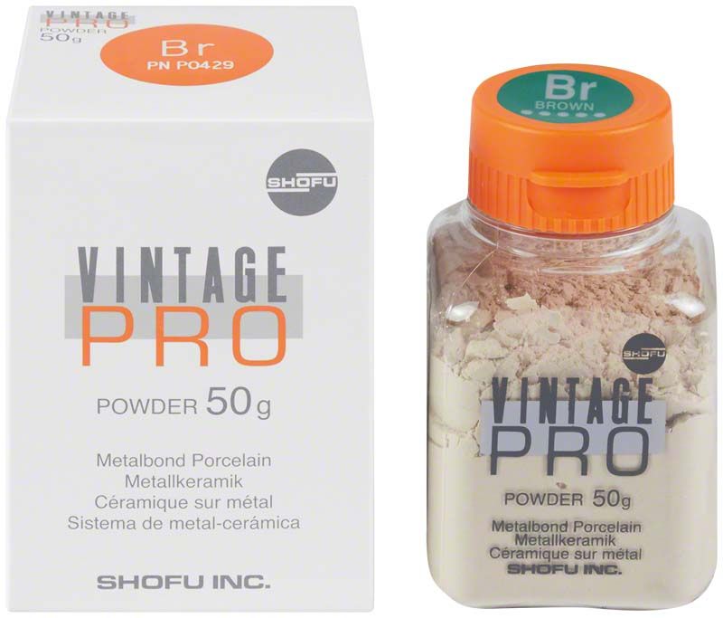 Vintage PRO Metallkeramik-Pulver 50g mit Verpackung und braunem Deckel.