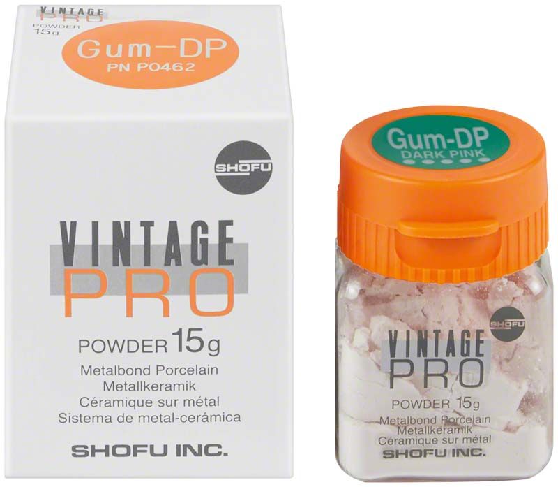 Vintage PRO Gum 15g DP Metallkeramikpulver mit Verpackung und Glasbehälter.