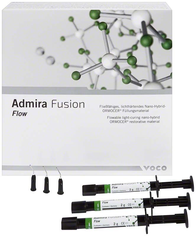 Admira Fusion Flow Spritzen A3 5er Pack mit Verpackung und Molekülgrafik.