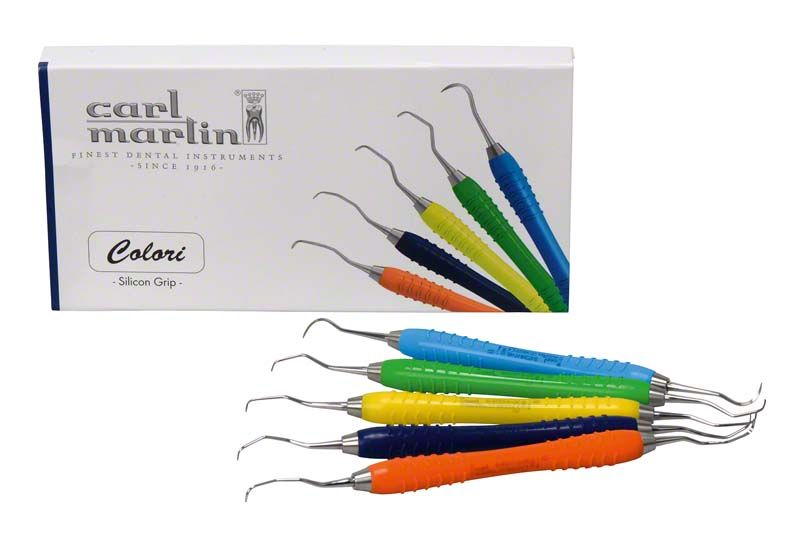 Paro-SET Colori Küretten und Scaler mit ergonomischen Griffen in verschiedenen Farben.