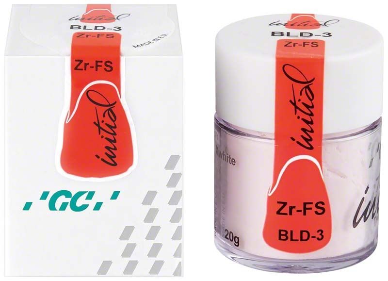 GC Initial Zr-FS Bleach Dentin 20g BLD-3 in Verpackung und Dose.