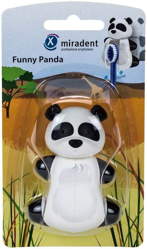 Zahnbürstenhalter in Pandabär-Form, mit Verpackung und Zahnbürste.