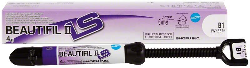BEAUTIFIL II LS Spritze B1 vor Verpackung auf weißem Hintergrund.