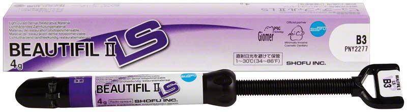 BEAUTIFIL II LS Spritze B3 mit Verpackung auf weißem Hintergrund.