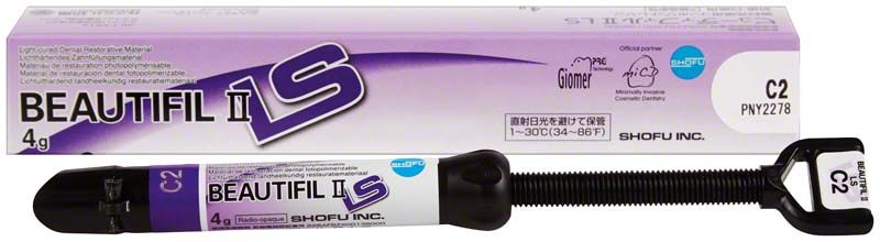 BEAUTIFIL II LS Spritze C2 mit Verpackung im Hintergrund.