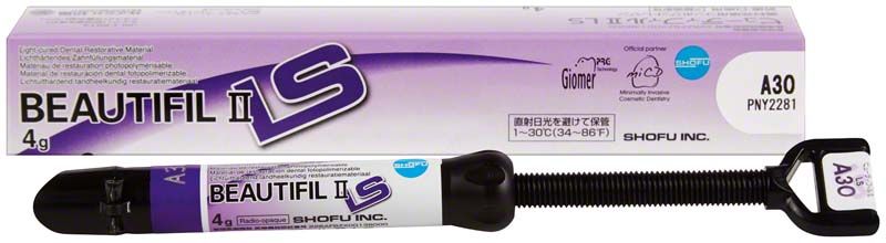 BEAUTIFIL II LS Spritze A3O mit Verpackung auf weißem Hintergrund