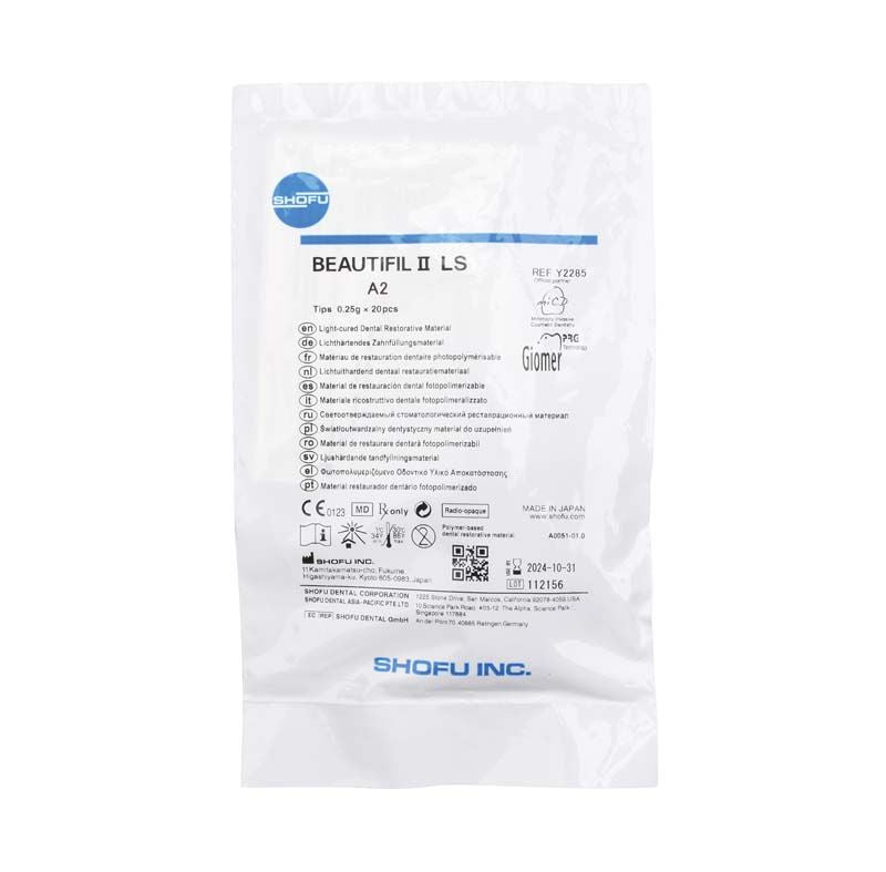 BEAUTIFIL II LS Tips A2 Verpackung mit Produktinformationen und Shofu-Logo.