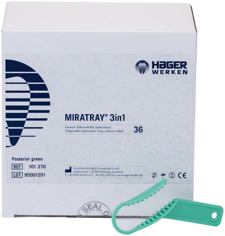 Miratray® 3 in 1 Posterior grün Abformlöffel vor Verpackung.