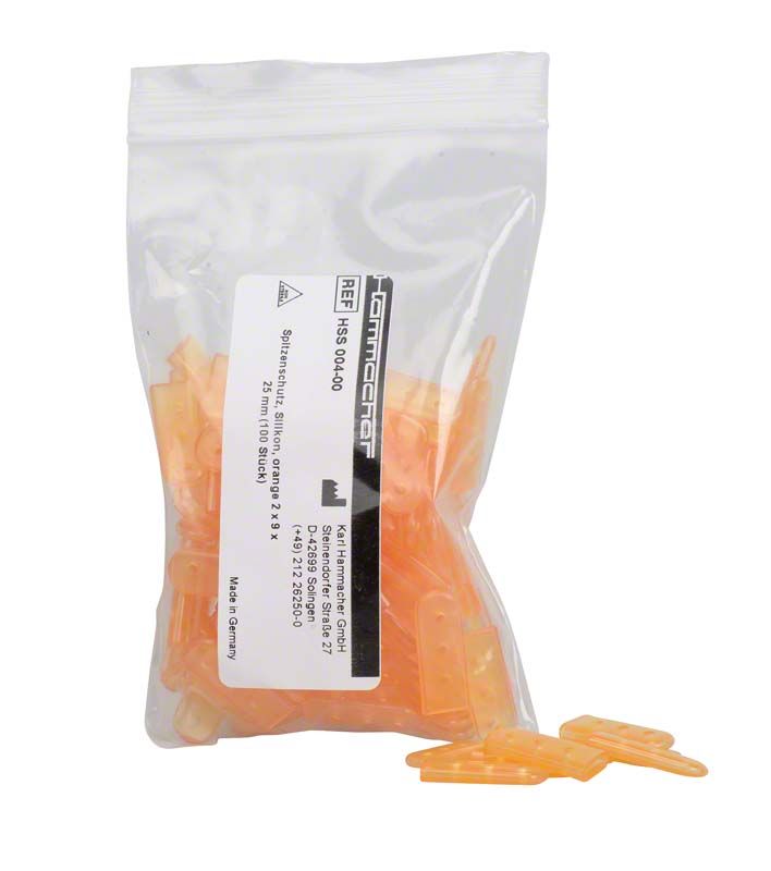 Spitzenschutzkappen aus orangefarbenem Kunststoff in transparenter Verpackung.