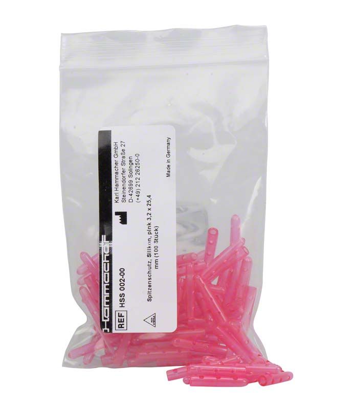 Spitzenschutz pink im transparenten Beutel für dentale Instrumente