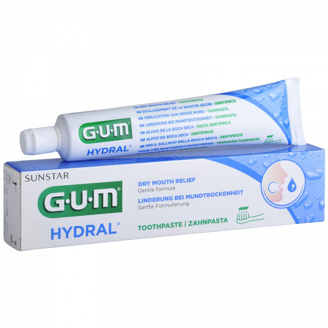 GUM HYDRAL Zahnpasta mit Verpackung und Produktdetails zur Mundpflege.