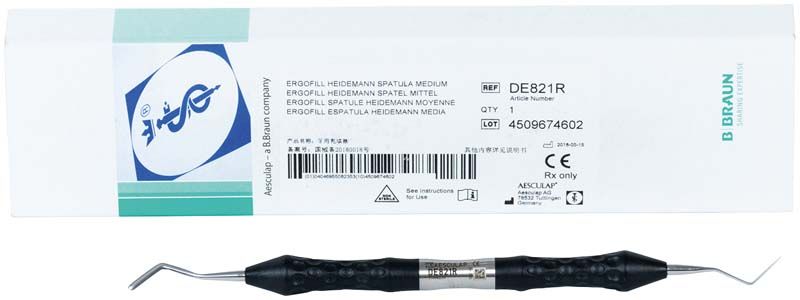 Heidemann Spatel 2,2/2,2mm vor Verpackung mit B. Braun Logo.