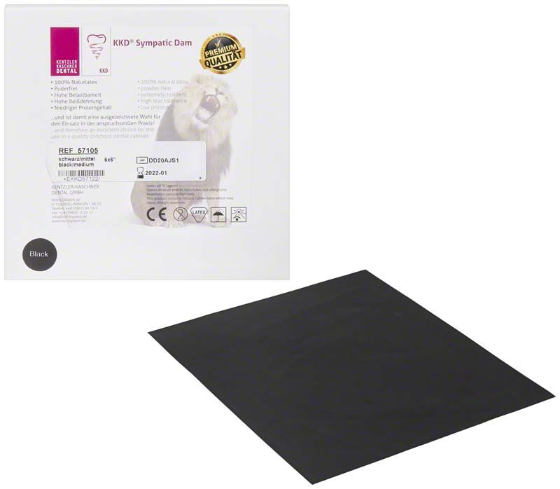 KKD® Sympatic Dam Premium schwarz mit Verpackung und Einzelansicht des Kofferdams.