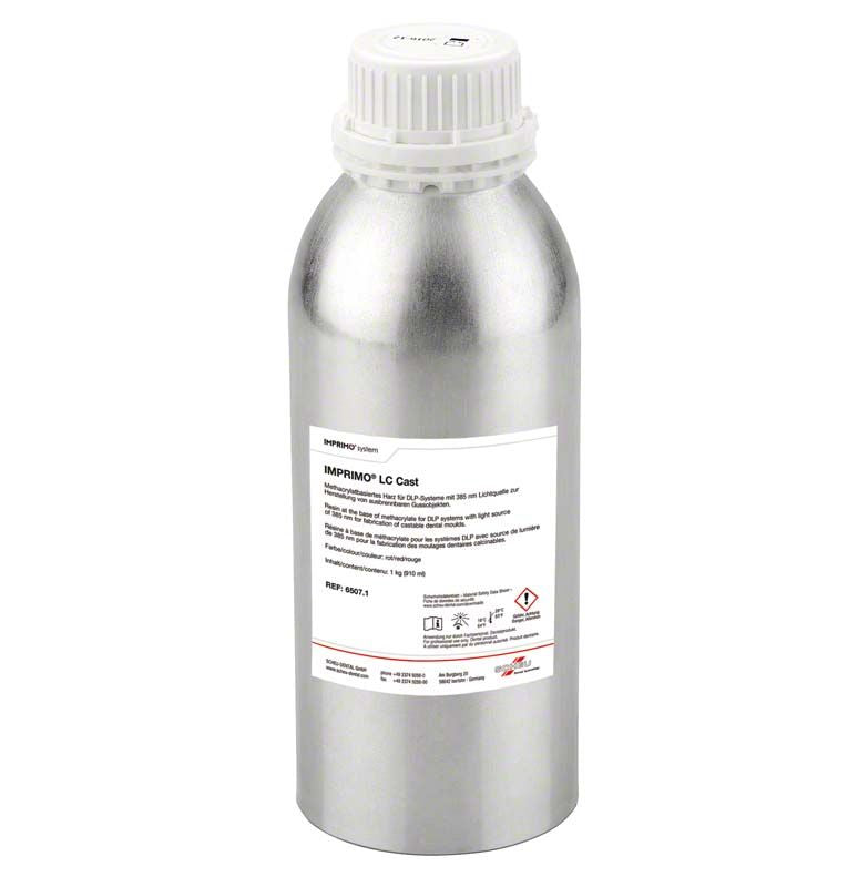 Silberne Flasche mit Etikett des lichthärtenden Harzes IMPRIMO® LC CAST.