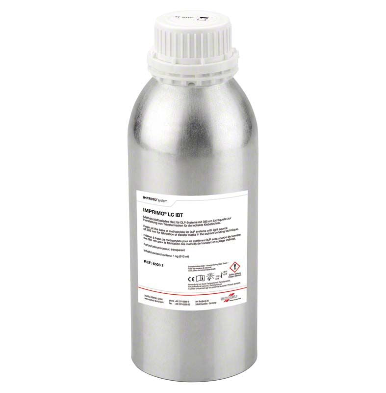 IMPRIMO® LC IBT Harzflasche mit Etikett und Sicherheitsinformationen.