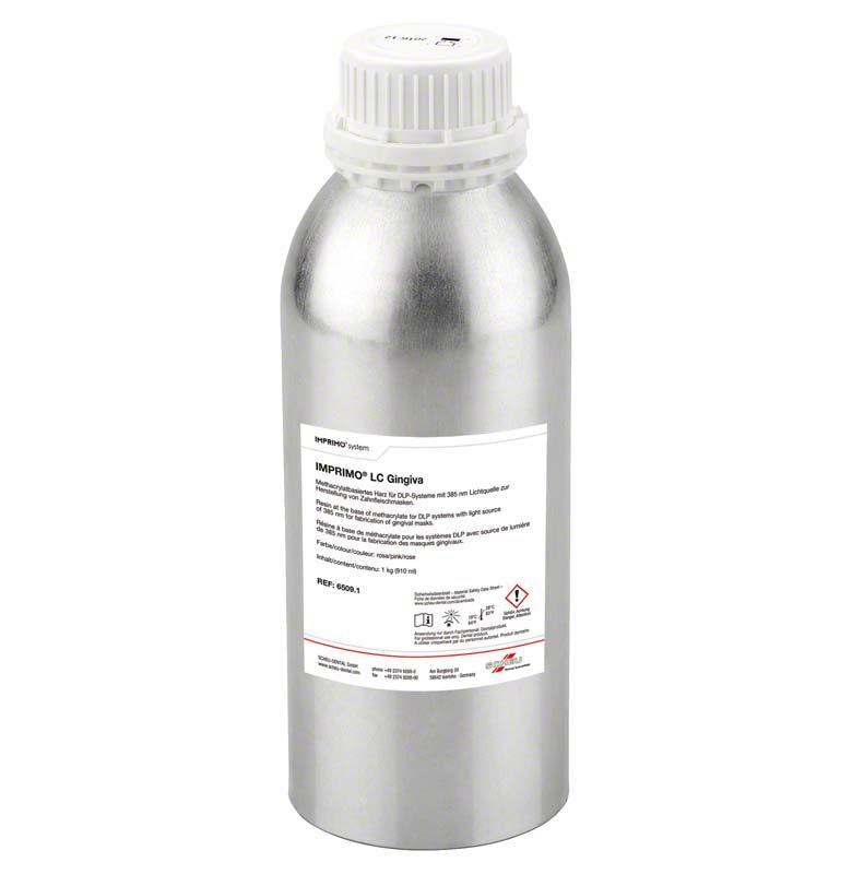 Lichthärtendes Harz IMPRIMO® LC Gingiva in silberner Flasche.