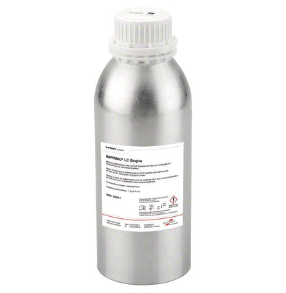 Lichthärtendes Harz IMPRIMO® LC Gingiva in silberner Flasche.