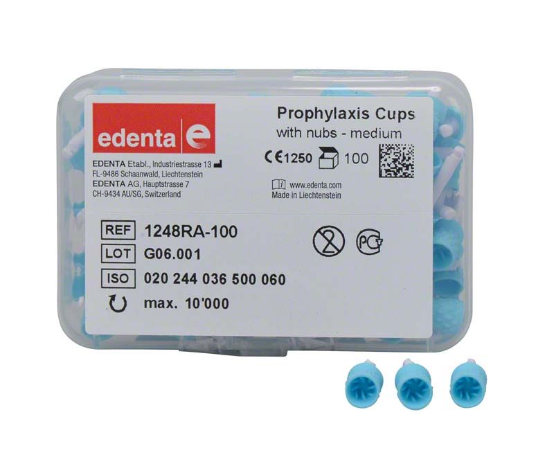 Prophylaxis Cups mit Noppen Kelch in transparenter Verpackung.