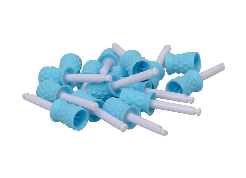 Prophylaxepolierer mit blauen Noppenkelchen und mittelgrauen Schäften in Nahaufnahme.