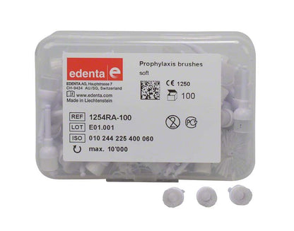 Prophylaxebürsten Kelch weich in transparenter Kunststoffbox mit Etikett.