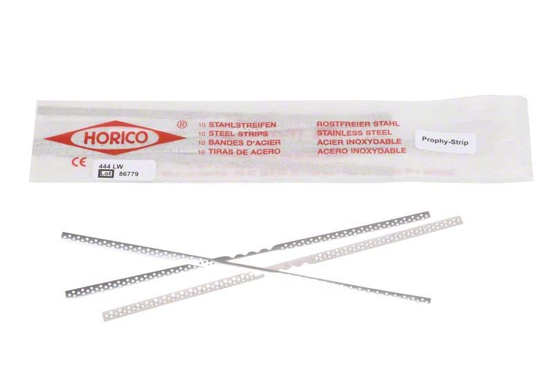 Prophylaxestreifen mit Einfädelhilfe von Horico, 10 Streifen, rostfreier Stahl.