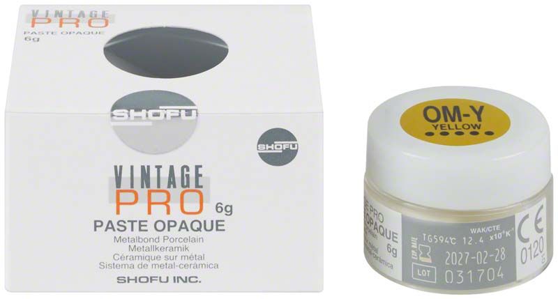 Vintage PRO Paste Opaque 6g OM-Y in weißer Verpackung mit gelbem Behälter.