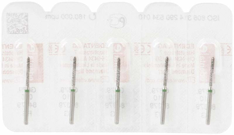 Diamantschleifer FG 879G 010 in Blisterverpackung mit grünem Ring.