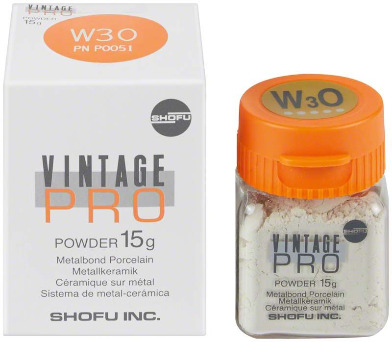 Vintage PRO Pulver 15g W3O in Verpackung und Glasbehälter.