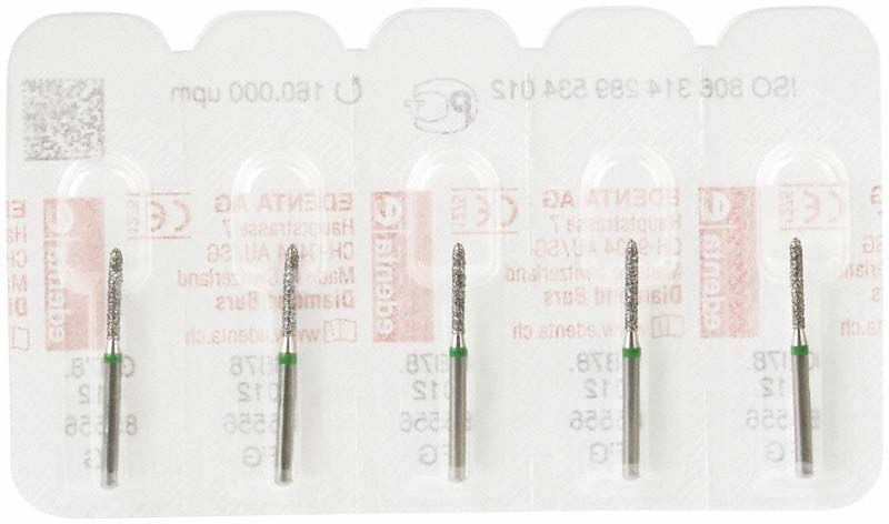 Diamantschleifer FG 878G 012 im Blisterpack mit fünf Stück.