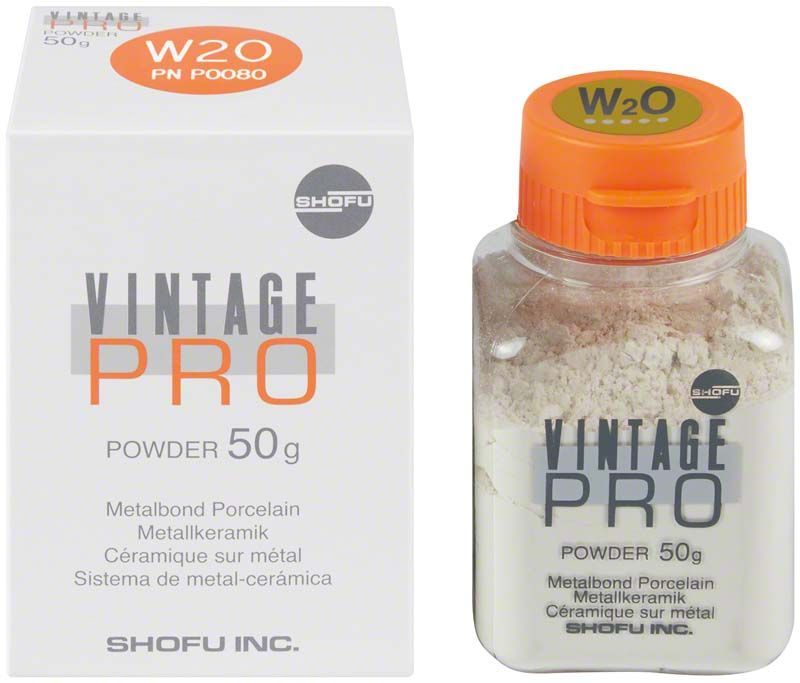 Vintage PRO Metallkeramik-Pulver 50g W2O mit Verpackung und Produktbeschreibung.