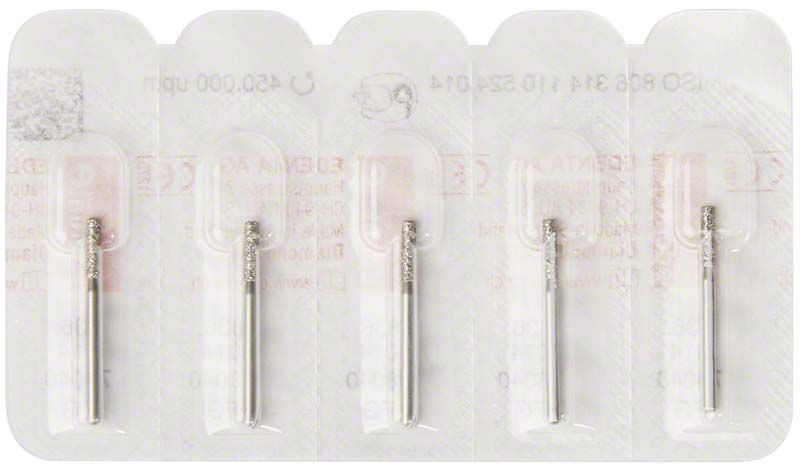 Diamant FG 836 014 Zahnbohrer in Blisterverpackung, fünf Stück.