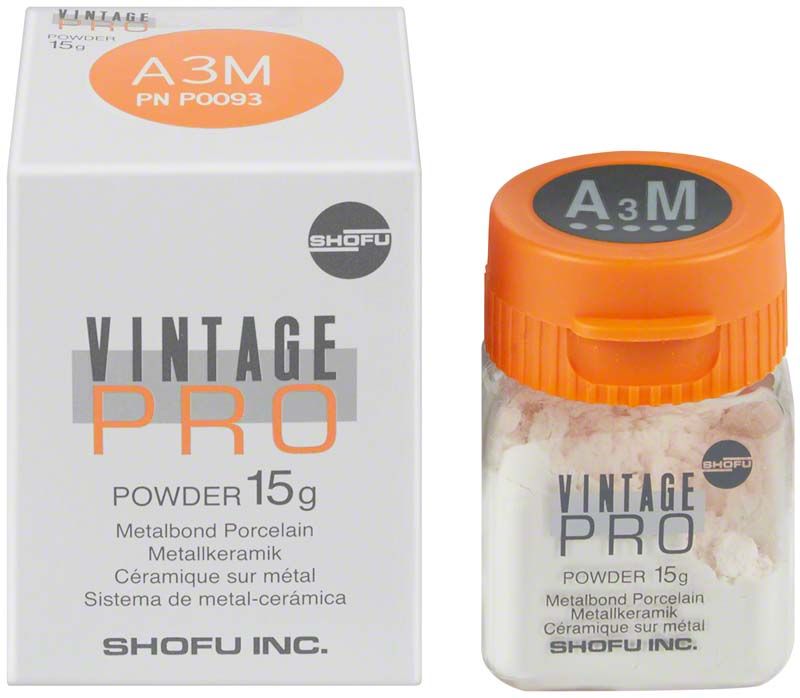 Vintage PRO Margin 15g A3M Metallkeramikpulver neben der Produktverpackung.