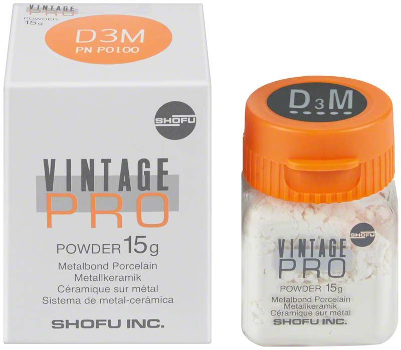 Verpackung und Flasche von Vintage PRO Margin 15g D3M Metallkeramik-Pulver.