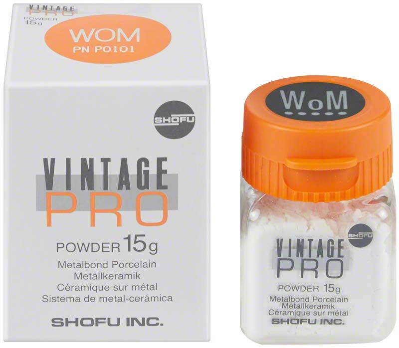Verpackung und Fläschchen von Vintage PRO Margin 15g W0M Metallkeramikpulver.