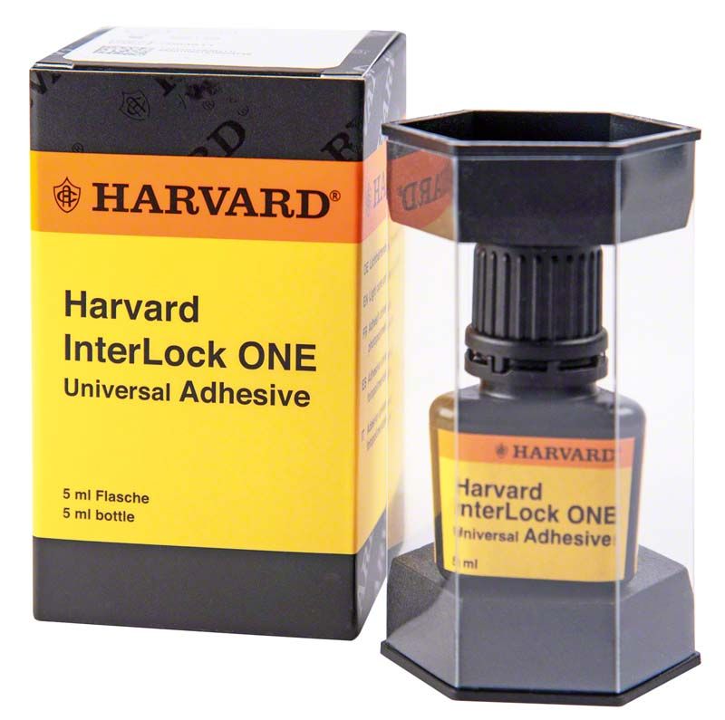 Harvard InterLock ONE Universal Adhesive 5ml Flasche mit Verpackung im Hintergrund.